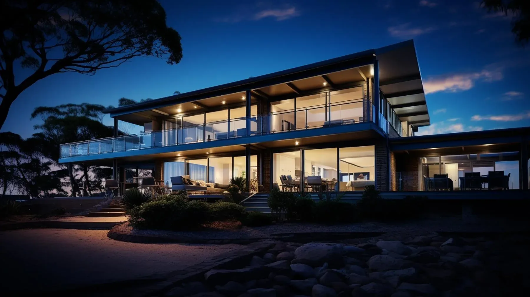 A contemporary home at dusk, lighting integrated across the facade and living spaces