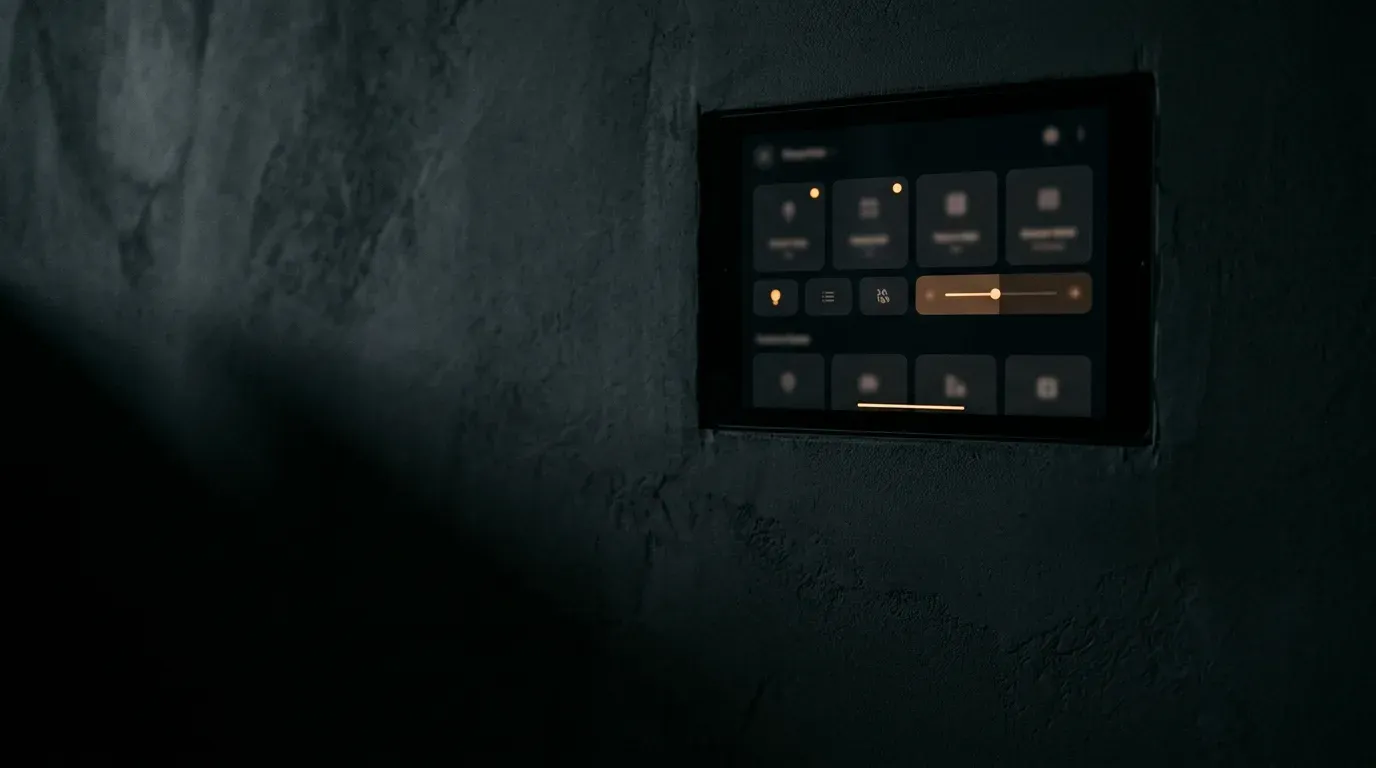 A wall-mounted control panel in dark mode, its amber accents glowing dimly against a dark plaster wall at night